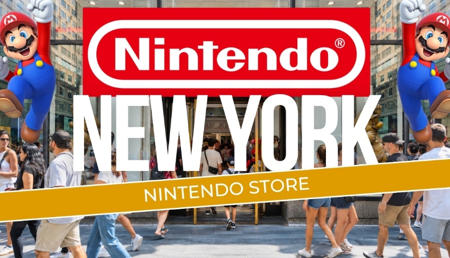 Nintendo New York met Mario en de ingang van de Nintendo Store.