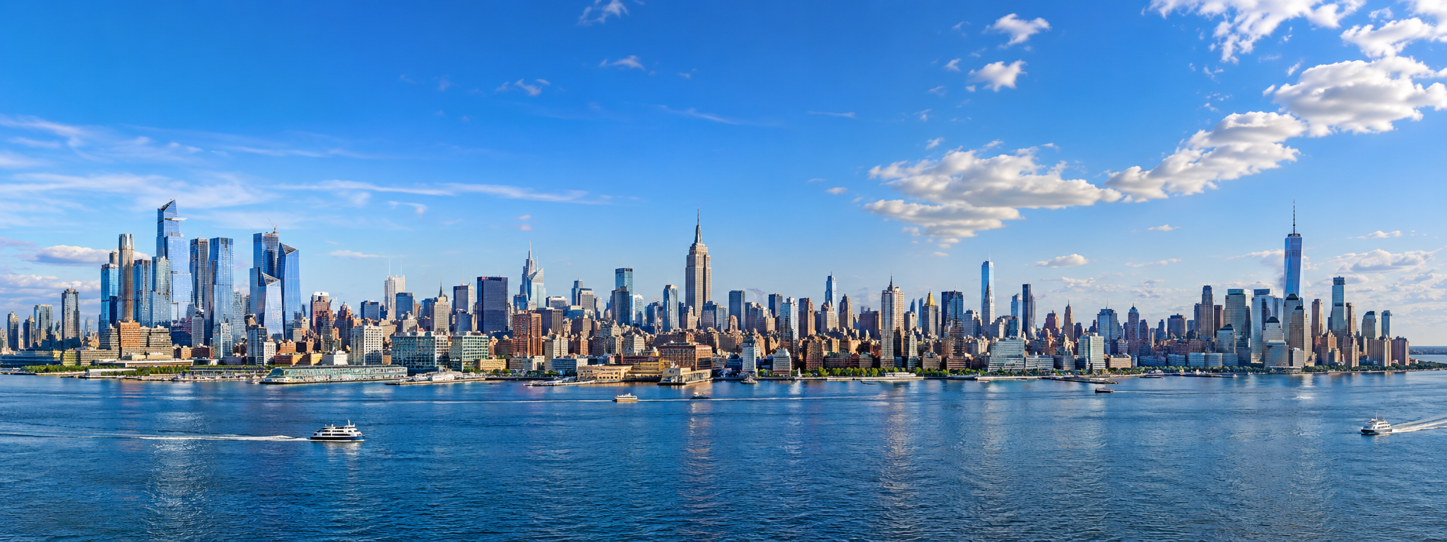 Panorama van de skyline van Manhattan aan het water onder een blauwe lucht